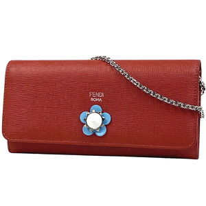 FENDI Bifold Long Wallet Chain Flower Red Leather